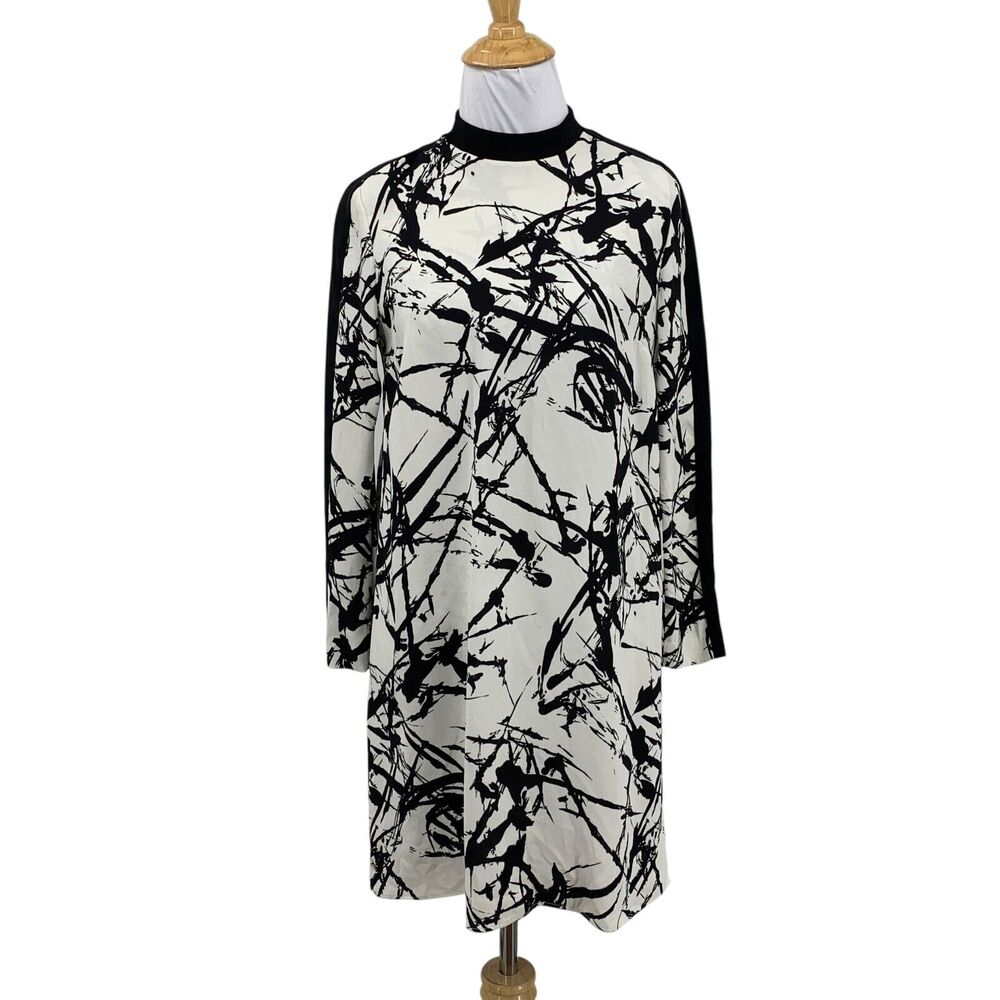 ALC Dress Womens 2 White Black Isle Brushstroke Silk Mock Neck Keyhole Back